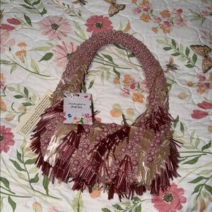 Handcrafted in India Beaded Mini Bag - Pink and Tan